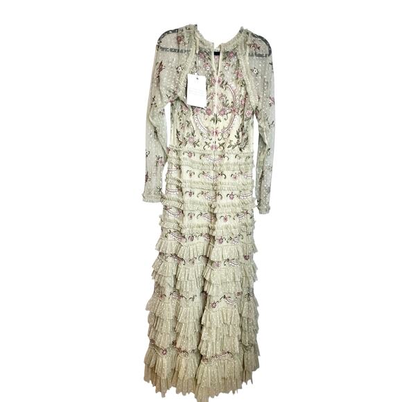 Mac Duggal Mesh Polka Dot Long Sleeve Floral Ruffle Tiered Maxi Gown 10 NWT - Picture 10 of 12